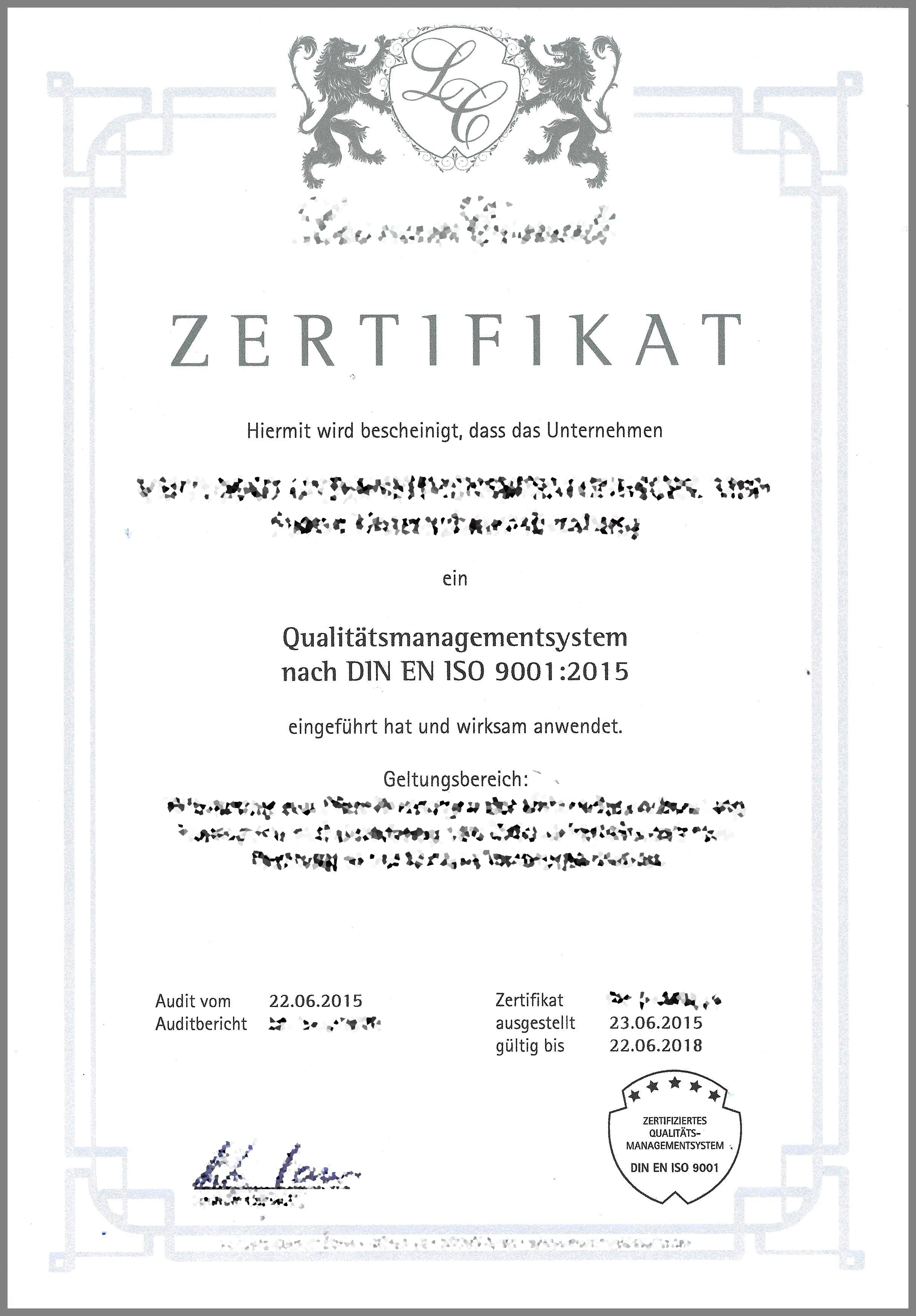 ISO 9001 QM-Zertifikat